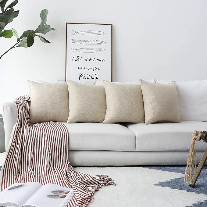 Home Brilliant Linen Throw Pillow Cover Burlap Square Cushion Cover Pillow Sham for Couch Living Room Holiday Decor, Light Linen, 18x18 Inches(45cm)