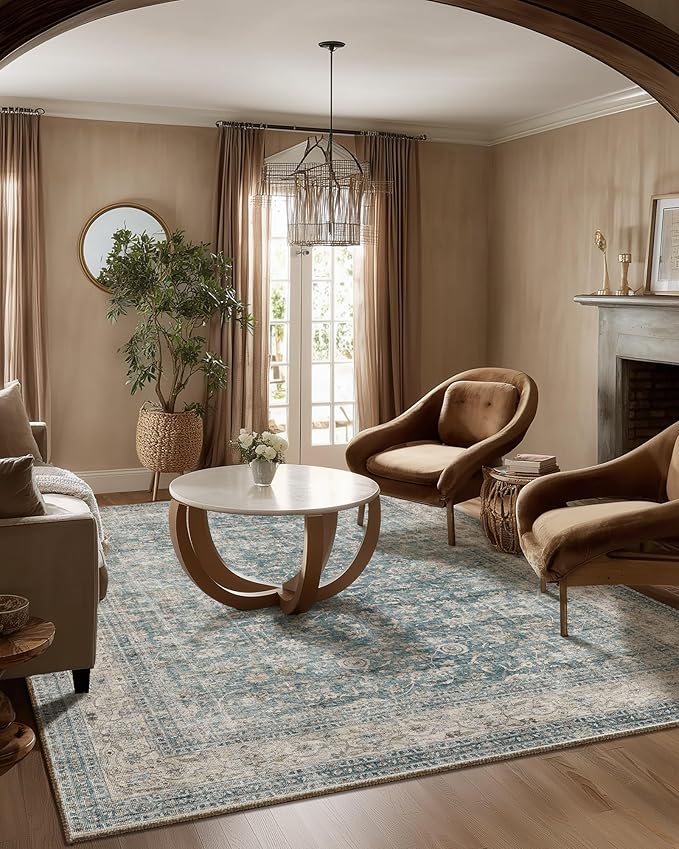 Machine Washable Living Room Rug: 5x7 Area Rugs for Bedroom Vintage Stain Resistant Non Slip Low Pile Lightweight Boho Carpet for Kitchen Dining Room Farmhouse Kids Room Nursery