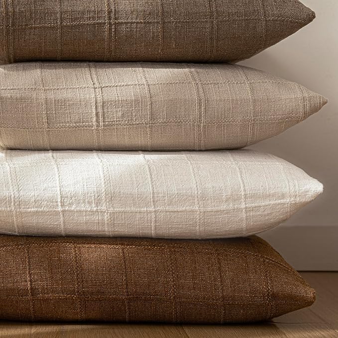 Foindtower Set of 2 Decorative Linen Check Throw Pillow Covers Neutral Farmhouse Vintage Cushion Covers Modern Boho Home Decor for Sofa Chair Couch Bedroom Living Room,26×26 Inch,Cream White