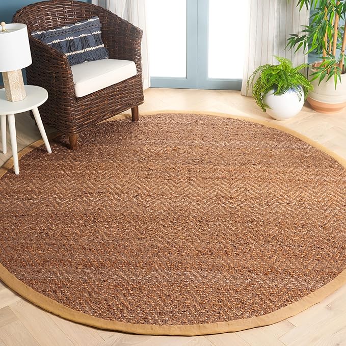 SAFAVIEH Natural Fiber Collection 5' Round Natural NF731A Handmade Farmhouse Fringe Premium Jute Area Rug