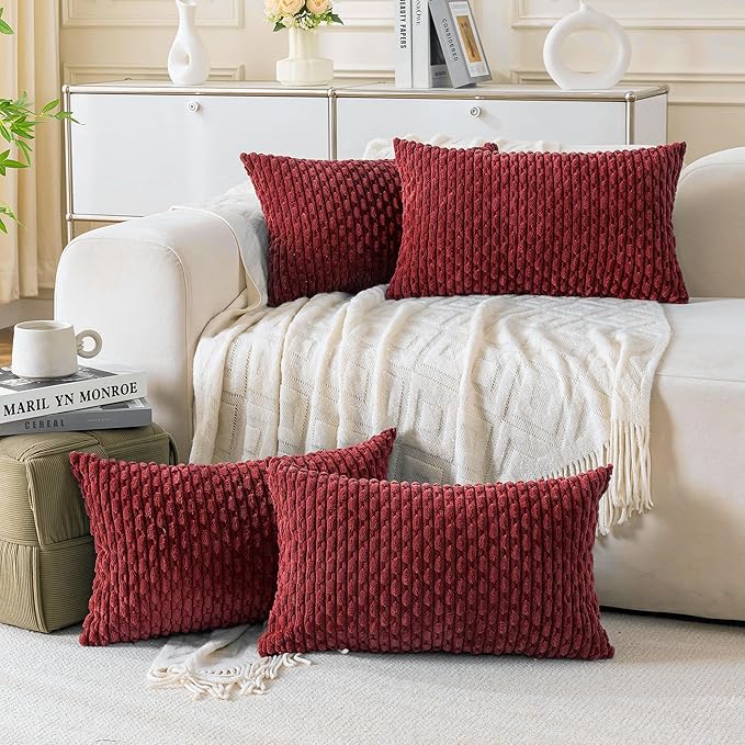 Set of 4 Burgundy Decorative Throw Pillow Covers 12x20 Inch Corduroy Pillow Covers for Bed Couch Sofa Living Room Soft Cushion Cases