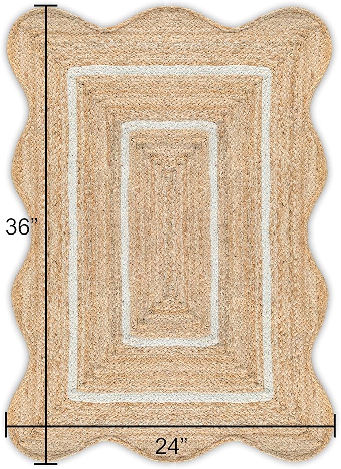 Wave Scalloped Natural Jute Rug Boho Jute Rug Entryway Runner Rug Farmhouse Scallop Rug, Off White (2'x3')
