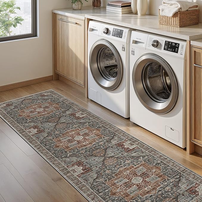 Washable Runner Rug 2.6x8 Runners for Hallways, Ultra-Thin Carpet Runners for Entryway Anti Slip Backing Runner Rugs for Kitchen Laundry Room Indoor Hallway (Grey/Brown/Tan)