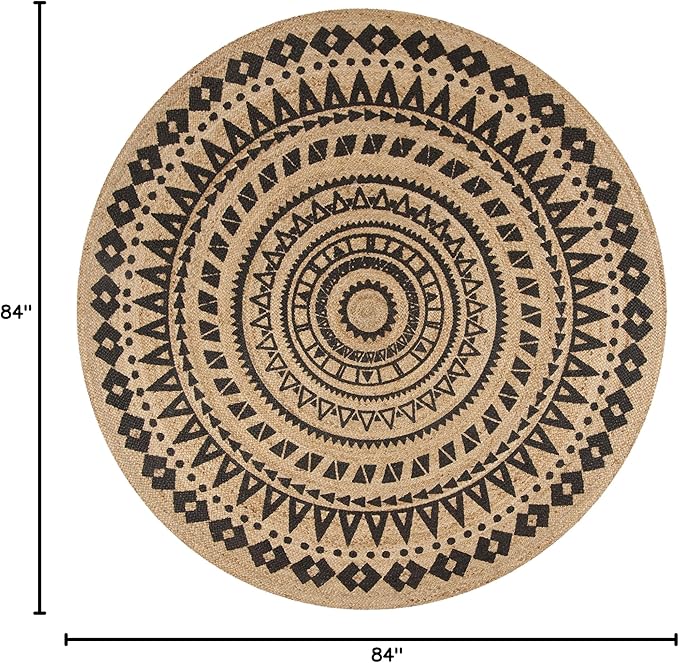 SAFAVIEH Natural Fiber Collection Area Rug - 7' Round, Black & Natural, Handmade Boho Mandala Braided Jute, Ideal for High Traffic Areas in Living Room, Bedroom (NF802K)
