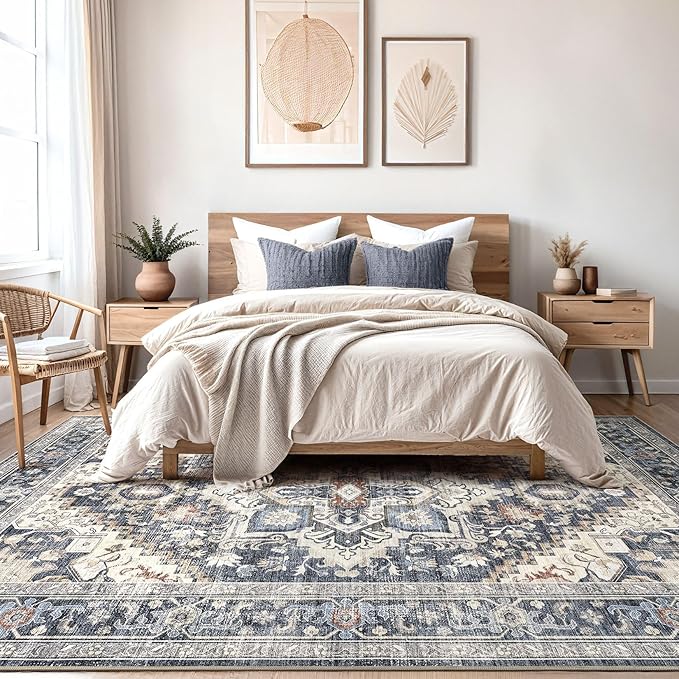 Washable Rug 8x10 Area Rugs: Boho Vintage Distressed Oriental Medallion Neutral Thin Large Rug Carpet for Living Room Bedroom Dining Room Home Office Decor - Blue