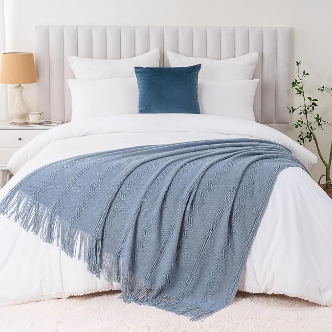 BATTILO HOME Bluish Grey Throw Blanket for Couch, Soft Knit Throws with Tassels for Home Decor, Blue Blankets and Throws for Bed Sofa, 50"x60"