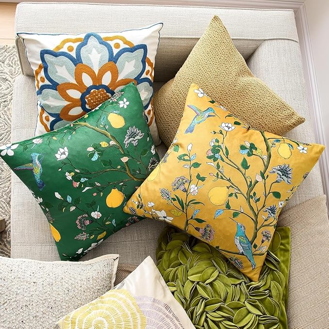 MUSSEL Dark Green Velvet Throw Pillow Covers 16x16 Pack of 2, Vintage Floral Pillow Covers, Mid Century Flower Plant Cushion Covers for Sofa Living Room Home Decor