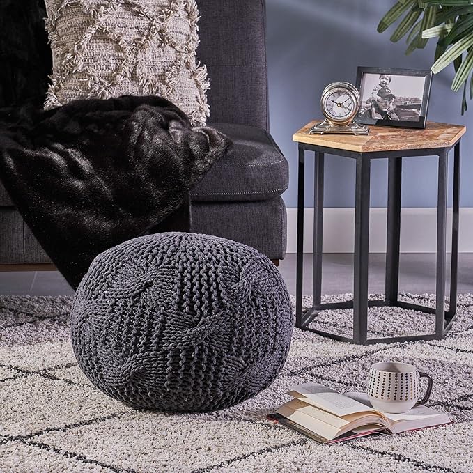 Christopher Knight Home Ansel Knitted Cotton Pouf, Dark Grey
