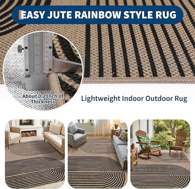 GarveeHome Modern Rainbow Easy Jute 4x6 Area Rug, Indoor/Outdoor Reversible Low Pile, Non-Slip & Washable Carpet for Living Room, Bedroom, Kitchen, Sunroom
