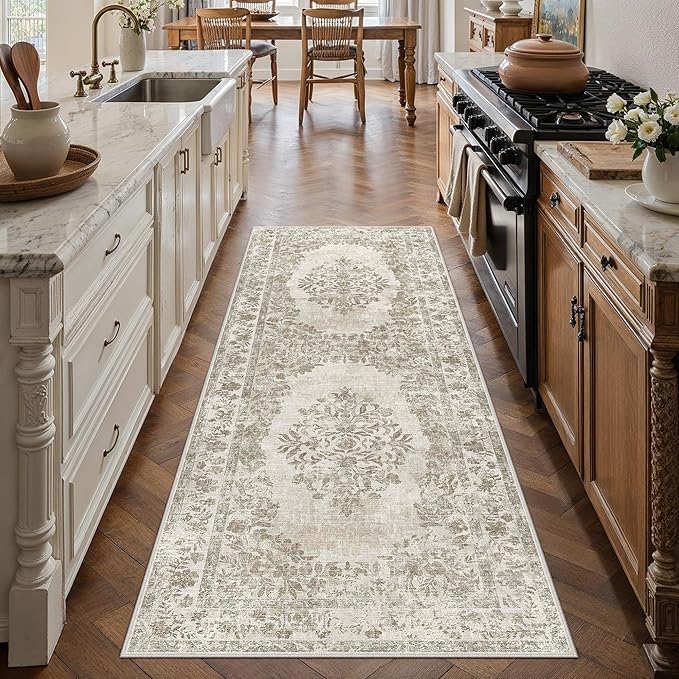 2x5 Runner Rug Beige Washable Hallway Kitchen Bedroom Vintage Distressed Bathroom Non Slip Medallion Floral Carpet Indoor Retro Throw Floor Mat for Office Dining Laundry Living Room