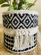 Boho Hand Woven Plant Basket Modern Woven Basket for 4-6.5" Flower Pot Floor Indoor Planters, Storage Organizer Rustic Home Decor, Black and White with Tassels 9” x 9"