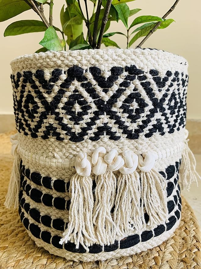 Boho Hand Woven Plant Basket Modern Woven Basket for 4-6.5" Flower Pot Floor Indoor Planters, Storage Organizer Rustic Home Decor, Black and White with Tassels 9” x 9"