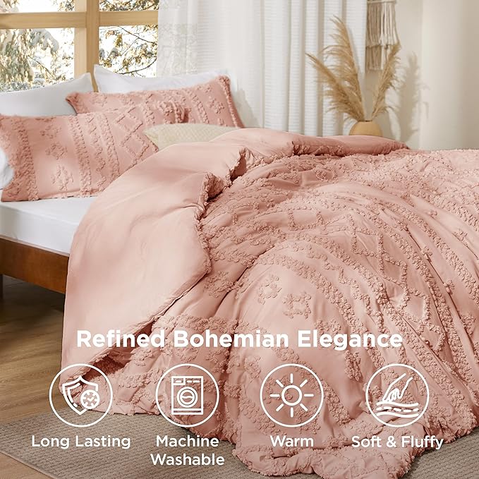 Bedsure Tufted Boho Comforter Set King Size - Light Pink Boho Bed Set, GentleSoft™ 3 Pieces Farmhouse Shabby Chic Embroidery Bedding, Gifts for Woman, Soft Jacquard King Comforter for All Seasons