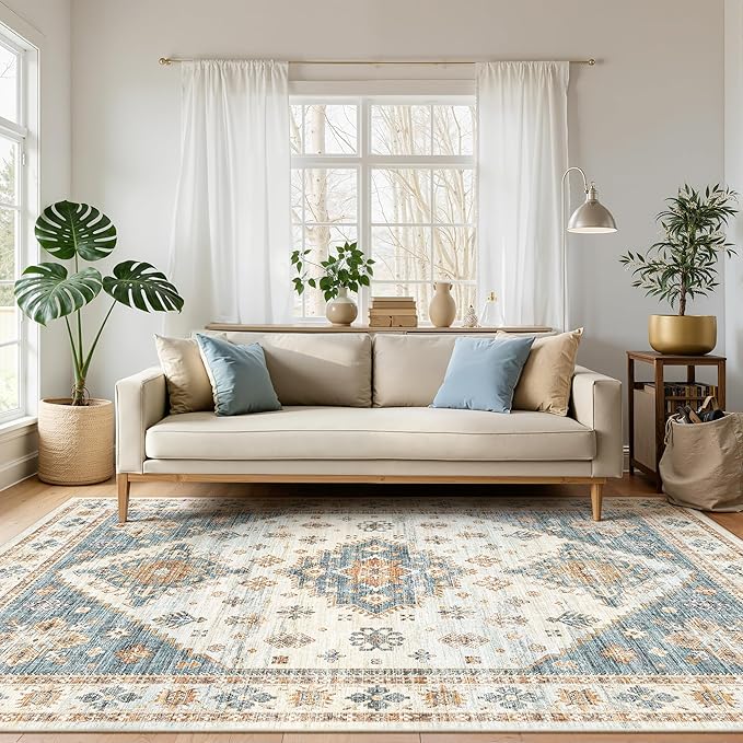 Washable Rugs 8x10, Ultra-Thin Non-Slip 8x10 Area Rugs for Living Room, Soft Vintage Large Area Rug, Foldable Farmhouse Bedroom, Dining Room Rug (Blue/Beige, 8'x10')
