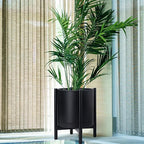 D'vine Dev Planter Pot with Stand - 16 Inch Plastic Cylinder Flower Pot with Wood Planter Holder for Indoor, Matte Black Pot + Ebony Stand, 55-C-Z-2