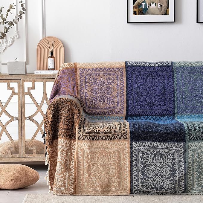 Boho Throw Blanket - Hippie Chenille Jacquard Bohemian Chair Couch Sofa and Bed Furniture Cover with Colorful Tribal Pattern (Purple, 87" x 102")