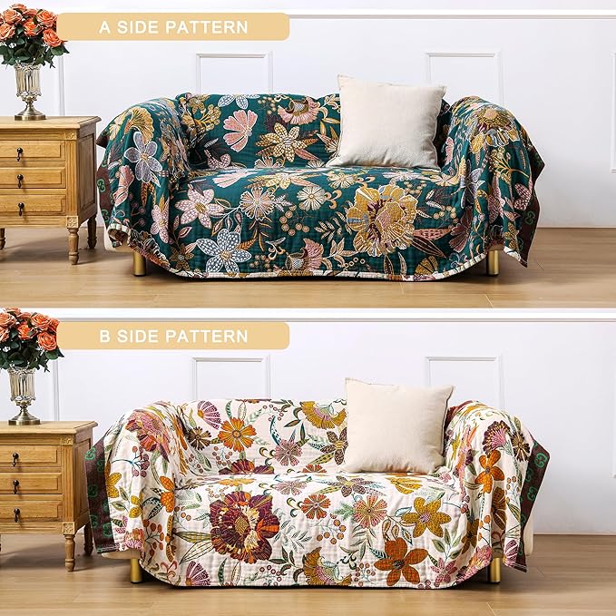Boho Throw Blanket for Bed, 100% Cotton Muslin Soft Twin Throw-Floral Farmhouse Rustic Decor Blanket for Couch Sofa Quilt and Gift, 60" x 80"-BeigeWhite