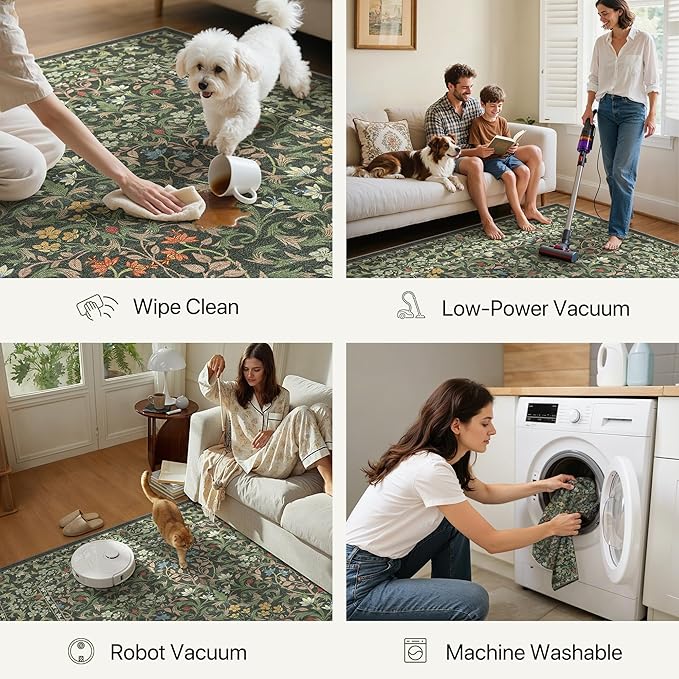GENIMO Washable Small Rug 2x3, Non-Slip Entryway Mat for Front Door, Kitchen, Bathroom, Laundry, Vintage Boho Floral Thin Carpet Indoor Décor, Emerald Green