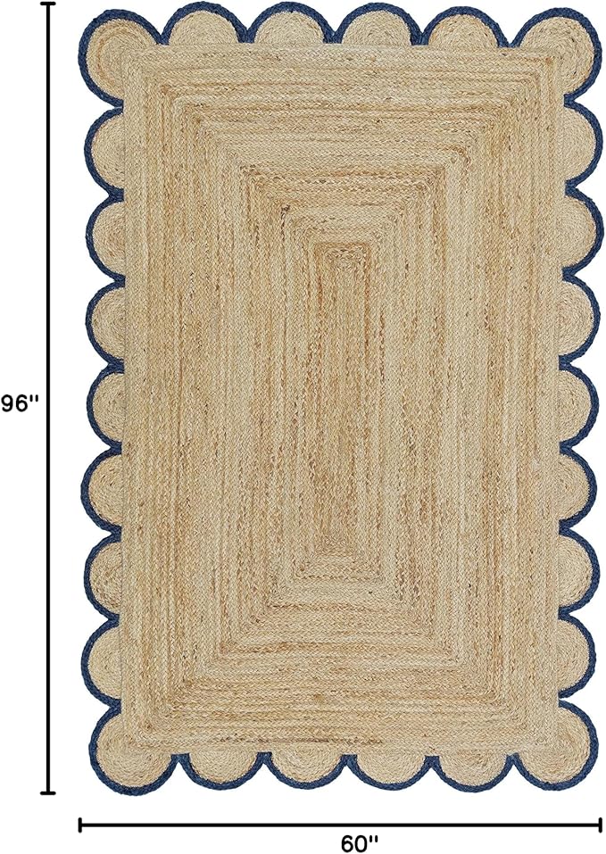 Scalloped Natural Jute Area Rug, Navy Trim, 5'x8'