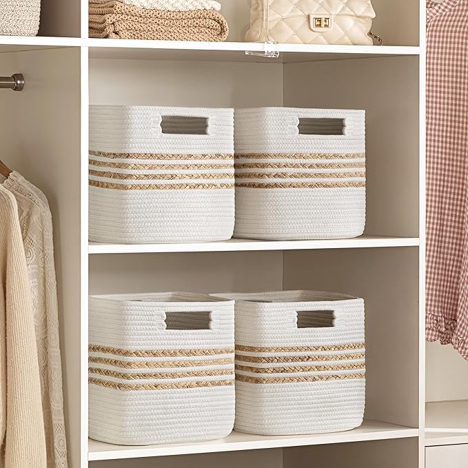 UBBCARE Set of 4 Storage Cubes 11 X 10.5 X 10.5 in, Water Hyacinth Storage Bins for Shelves, Toys, Book, Storage Baskets with Handles, Cotton Rope Woven Baskets for Organizing, White