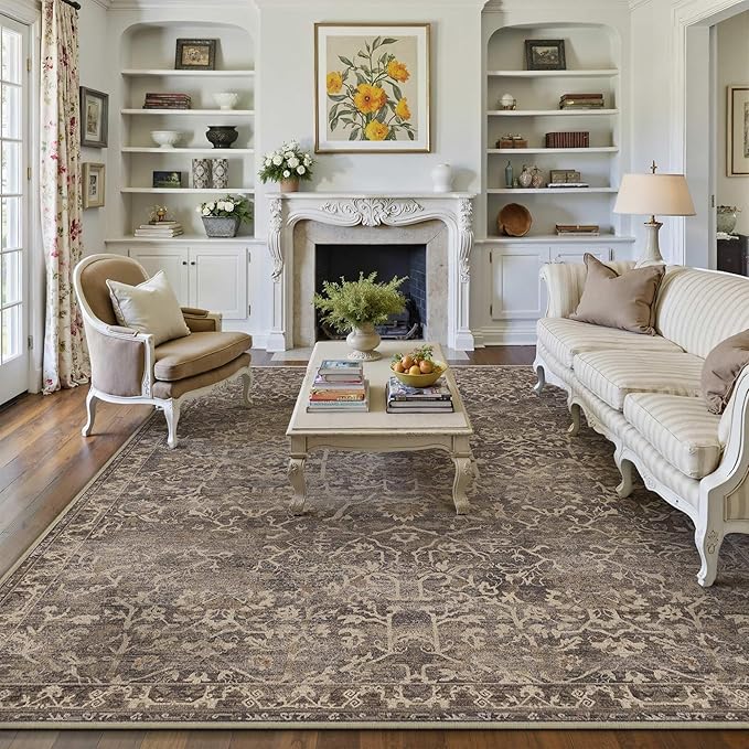 HUGEAR Area Rug 6x9 Retro Brown Machine Washable Living Room Rugs Distressed Vintage Floral Vacuumable Low Pile Carpet Bedroom Office Dining Room Laundry Room Non Slip Soft Lightweight