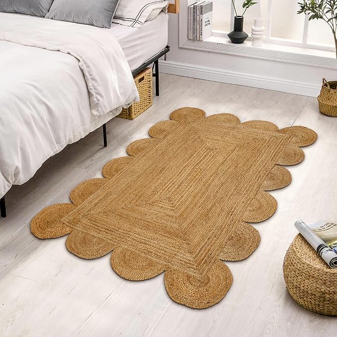 Hand Woven Jute Area Rug - 5' x 7' Feet - Rustic Beige Reversible Rectangular Rugs for Bedroom, Kitchen, Living Room - Vintage Natural Braided Entry Floor Décor Boho Jute Rug 5x7 Feet