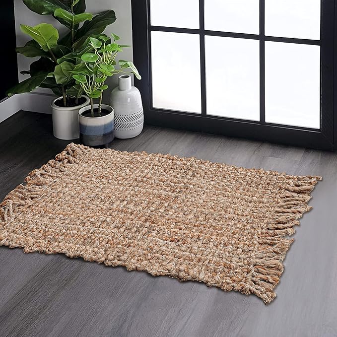 Hausattire Hand Woven Jute Rug 20"x32"- Natural, Reversible Farmhouse Boho Accent Rustic Rugs for Kitchen, Living Room, Bedroom, Entryway Rag Rug | Small Decorative Floor Rugs - 20x32 Inches