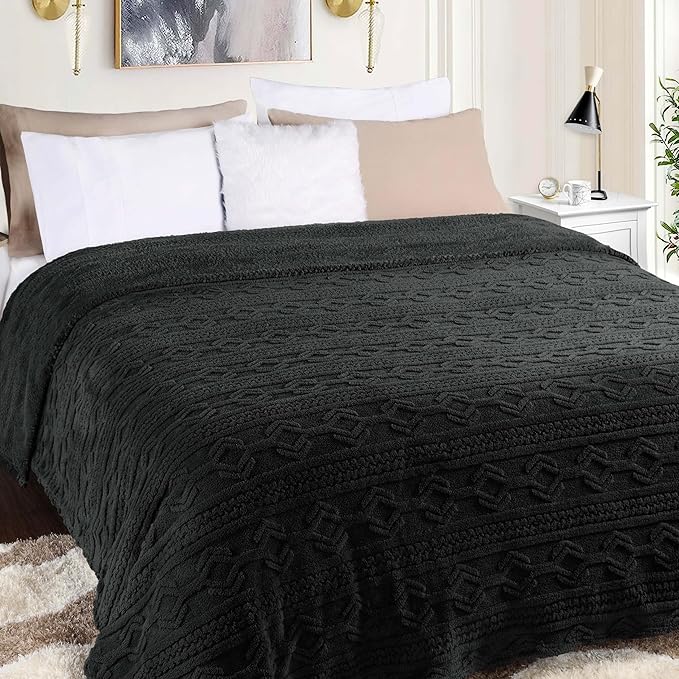 Superior Fleece Boho Jacquard Blanket, Decorative Blankets for Bedroom, Sofa, Fuzzy, Plush, Fluffy, Soft, Cute Room Decor, Beautiful Cover, Comfort Essentials, Arctic Collection, Full/Queen, Black