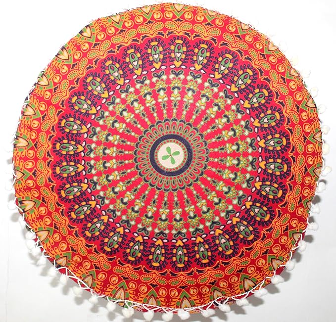 INDIAN CRAFT CASTLE ICC Red Peacock Mandala Barmeri Large Floor Pillow Cover Cushion Meditation Seating Ottoman Throw Cover Hippie Decorative Zipped Bohemian Pouf Ottoman Cases 16" Round