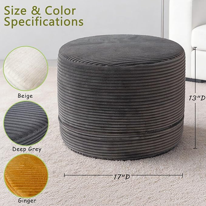 Thgonwid Corduroy Stuffed Round Pouf Ottoman, Foot Stool with One-Piece Cut High-Density Memory Foam, Furry and Fluffy Footstool, Compact Pouf Footrest for Living Room Bedroom, 17"x13", Deep Grey
