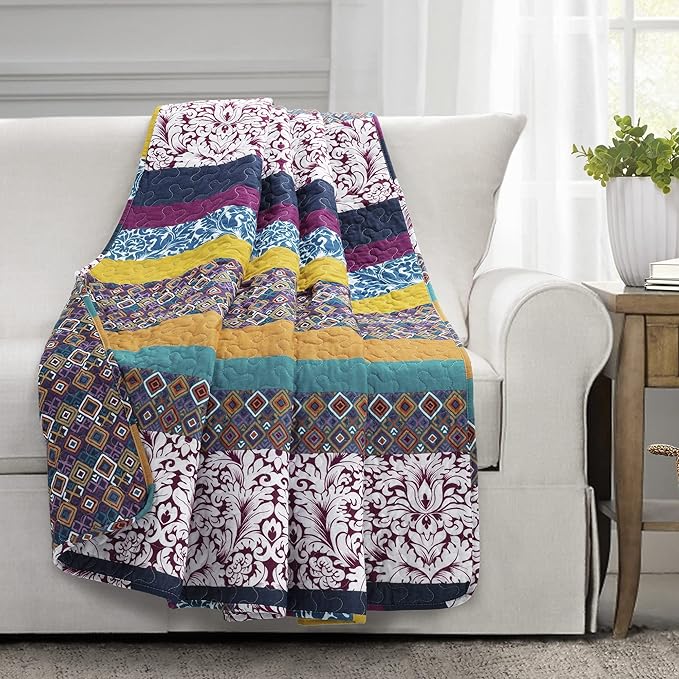 Lush Decor Boho Stripe Reversible Cotton Throw Blanket, 50" W x 60" L, Plum & Yellow - Striped Throw Blankets for Bed - Couch Blanket - Boho Throw Blanket for Couch