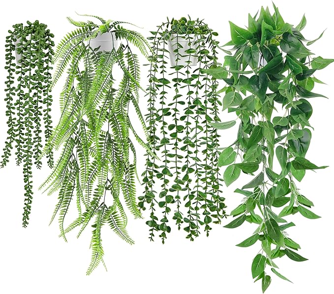 Der Rose 4Pcs Fake Plants Hanging Artificial Ivy Vine Faux Eucalyptus Hanging Plants, Boston Fern, String of Pearls for Living Room Bedroom Boho Wall Shelf Indoor Outdoor Decor (White Pots)