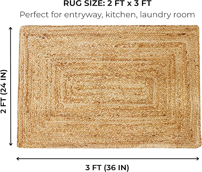 Jute Braided Small Rug, Natural - 2x3 Feet, Accent Reversible Hand Woven Doormat for Entryway, Kitchen, Living Room, Nursery | Rustic Neutral Front Door Floor Mat for Outdoor/Indoor Use - 24x36 Inches