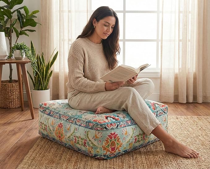 Large Floor Pillow Cover Square Meditatioמ Square Cushion Case Boho Room Décor Moroccan Seating Area Pouf Perfect for Living Room, Bedroom, Nursary or Children Room Cotton 24x8 Unstuffed