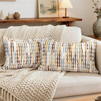 Boho Decorative Throw Pillow Covers 12x20 Inch, Chenille Tufted Pillow Cover Stripe Textured Lumbar Farmhouse Accent Pillowcase for Couch Sofa Bedroom Living Room, Red White Khaki Grey 2 Pack