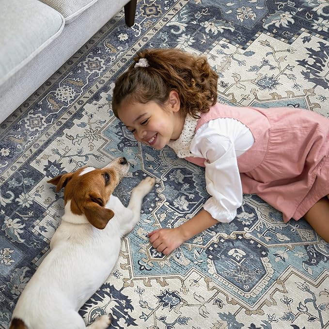 GENIMO 2x5 Runner Rugs for Hallway, Machine Washable Non Slip Vintage Rugs, Low Pile Lightweight Soft Print Rug for enrtyway, Corridor, Home Office, Kitchen, Center Blue