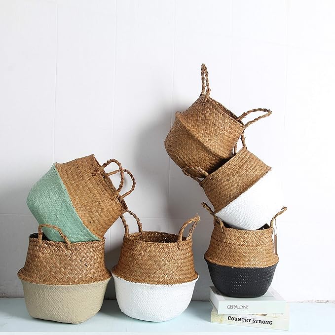 Woven Seagrass Belly Basket for Storage, Laundry, Picnic, Plant Pot Cover, and Grocery and Toy Storage (Medium, White)