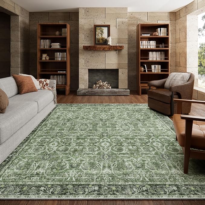 6x9 Washable Rug Vintage Fade Resistant Boho Distressed Non-Slip Indoor Large Carpet Low Pile Lightweight & High-Traffic Safe for Bedroom, Dorm, Playroom - Farmhouse Decor