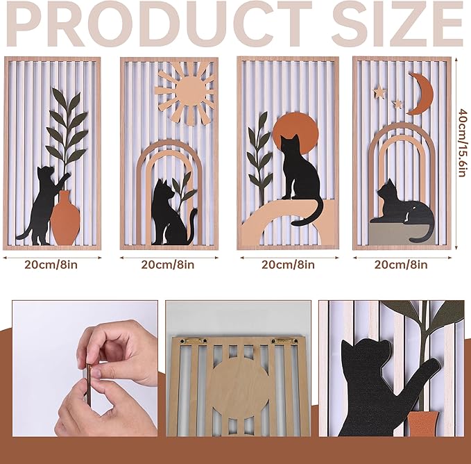 suruim Black Cat Wall Art Set of 4, Cat Wall Decor & Black Cat Decor, Mid-Century 3D Wooden Cat Art Wall Decor for Bedroom Living Room Office Boho Home Decor