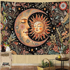 Accnicc Vintage Sun and Moon Tapestry Boho Hippie Floral Wall Tapestry for Bedroom Aesthetic Brown Celestial Spiritual Botanical Plant Small Tapestries Wall Hanging for Living Room Dorm 48 x 36 Inch