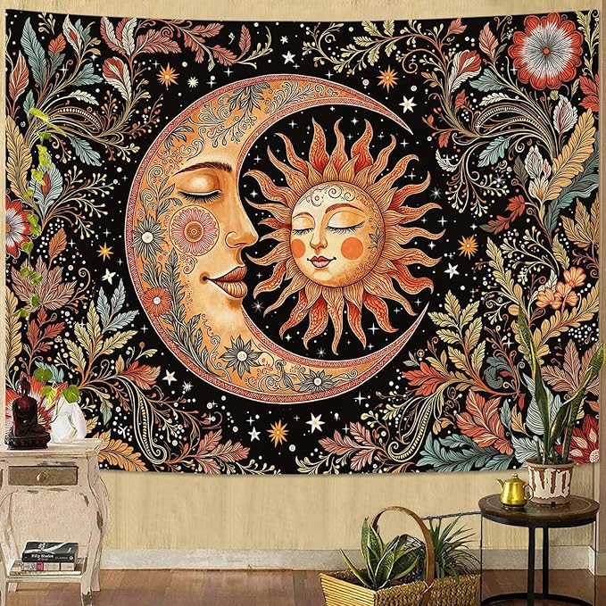 Accnicc Vintage Sun and Moon Tapestry Boho Hippie Floral Wall Tapestry for Bedroom Aesthetic Brown Celestial Spiritual Botanical Plant Small Tapestries Wall Hanging for Living Room Dorm 60 x 44 Inch