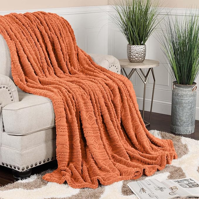 Superior Fleece Boho Jacquard Blanket, Decorative Blankets for Bedroom, Sofa, Fuzzy, Plush, Fluffy, Soft, Cute Room Decor, Beautiful Cover, Comfort Essentials, Arctic Collection, Throw, Dusty Orange