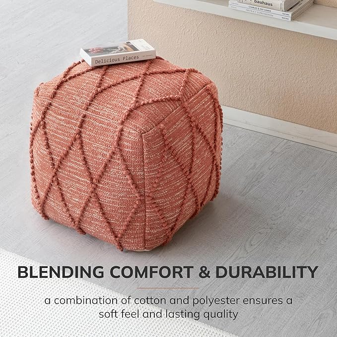 Anji Mountain Pouf Ottoman Foot Rest, Handmade Ottoman Pouf, Comfortable Foot Stool, Decorative Floor Seating for Living Room Decor, Bedroom & Home Décor Accent - Terracotta