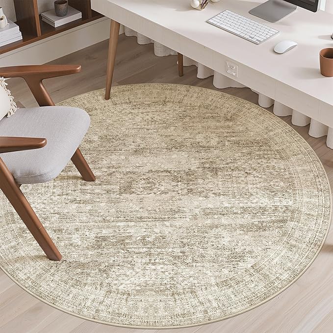 5x5 Brown Round Rug 5ft Living Room Circle Rug Vintage Round Area Rug Non Slip Indoor Carpet for Entryway Dining Room Bedroom