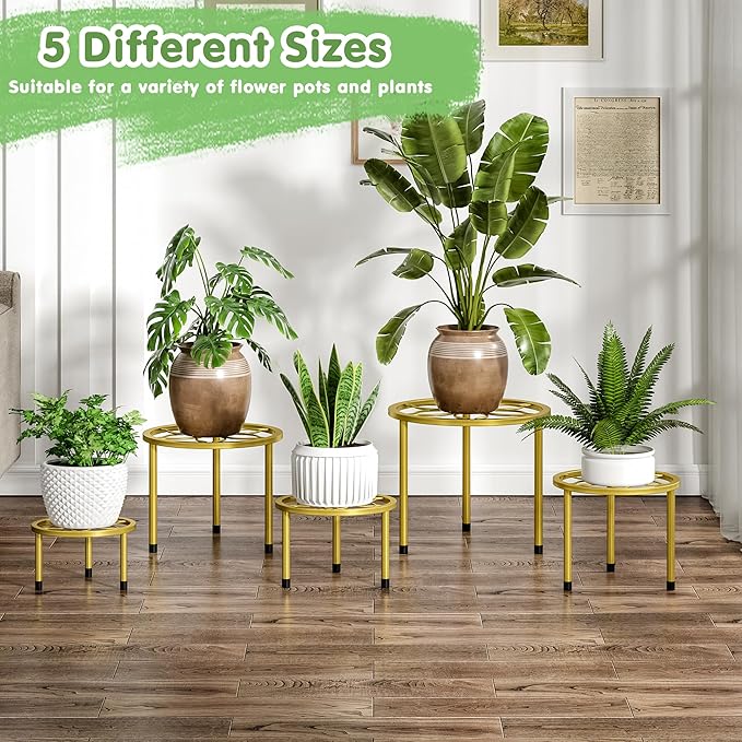 VECELO Metal Plant Stands Set of 5, Multiple Heavy Duty Flower Pot Stand, Round Plant Holder, Gold