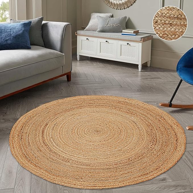Hand Woven Jute Area Rug - 8' Round - Rustic Beige Reversible Farmhouse Rugs for Living Room, Bedroom, Kitchen - Vintage Natural Braided Entry Floor Décor Circle Boho Round Rugs 8ft