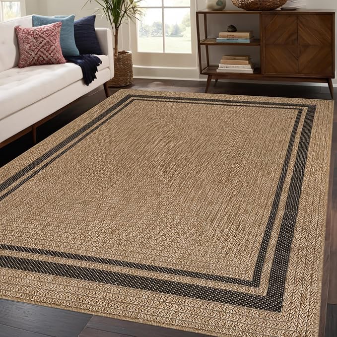 Beverly Rug Easy Jute Bordered Rug 9x12 Washable Large Indoor Outdoor Area Rugs for Living Dining Room Patio Office Stain Resistant Non Shedding Casual Indoor Outside Carpet 9 x 12 Natural