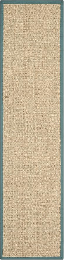 SAFAVIEH Natural Fiber Collection Runner Rug - 2'6" x 16', Natural & Light Blue, Seagrass, Basketweave Pattern with Border (NF114M)