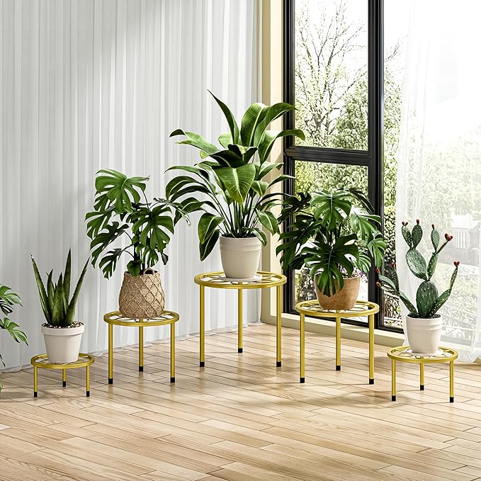 VECELO Metal Plant Stands Set of 5, Multiple Heavy Duty Flower Pot Stand, Round Plant Holder, Gold