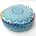 CRAFT KALA Green Ombre Large Hippie Mandala Meditation Floor Ottoman Pillow Cushion Pouf Cover Square Poufs Bohemian Circle Floor Cushion Case Outdoor Fireplace Yoga Living Room Decor Cover 16" Round